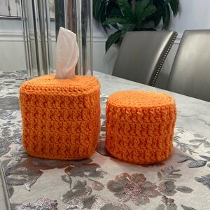 Vibrant Orange Crochet Tissue Box and Cover Set